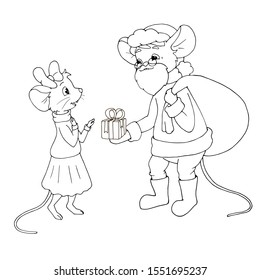Cute cartoon Santa Claus mouse gives a present to a mouse girl. Isolated object on white background. White and black vector illustrations for coloring book.