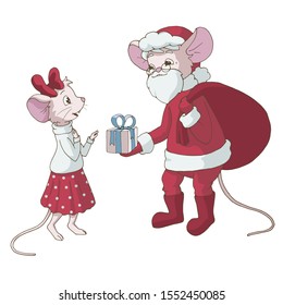 Cute cartoon Santa Claus mouse gives a present to a mouse girl. Isolated object on white background. Decor element for for gift card and kids products  