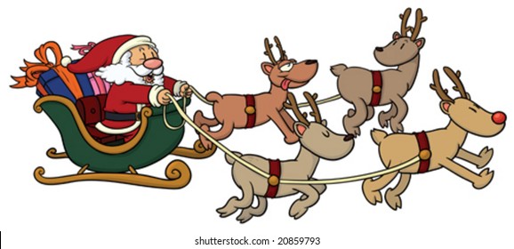 Cute cartoon Santa Claus on his sled.