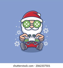 cute cartoon santa claus playing game with joystick. vector illustration for mascot logo or sticker