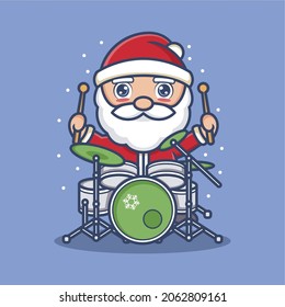 cute cartoon santa claus playing drums. vector illustration for mascot logo or sticker
