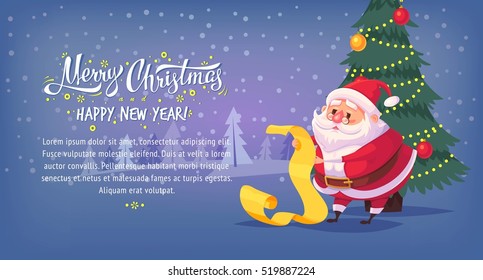 Cute cartoon Santa Claus reading gift list Merry Christmas vector illustration Greeting card poster horizontal banner.