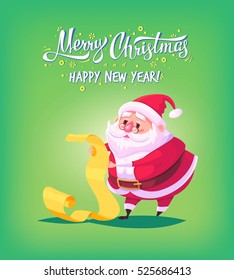 Cute cartoon Santa Claus reading gift list Merry Christmas vector illustration