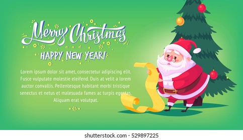 Cute cartoon Santa Claus reading gift list Merry Christmas vector illustration Greeting card poster horizontal banner.