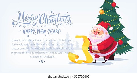 Cute cartoon Santa Claus reading gift list Merry Christmas vector illustration Greeting card poster horizontal banner