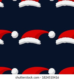 Cute cartoon Santa Claus red hat. Christmas Seamless Pattern with Christmas elements. Vector Illustration on dark blue background