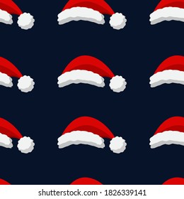 Cute cartoon Santa Claus red hat. Christmas Seamless Pattern with Christmas elements. Vector Illustration on dark blue background