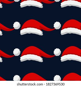 Cute cartoon Santa Claus red hat. Christmas Seamless Pattern with Christmas elements. Vector Illustration on dark blue background