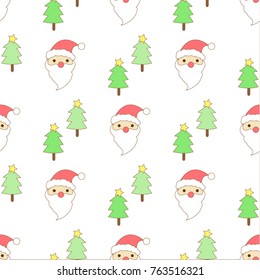 cute cartoon santa claus red hat  christmas tree seamless pattern on white background vector illustration  design for print shirt fabric tag label wallpaper or wrappaper gift