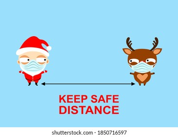 Cute Cartoon Santa Claus And  Reindeer Rudolph   In Medical Mask. Greeting Card