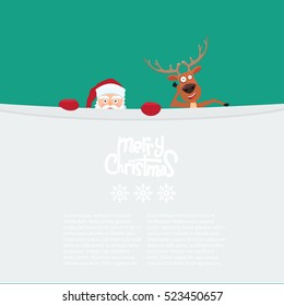 Cute cartoon Santa Claus and reindeer looking from behind blank billboard. Merry Christmas calligraphy and snowflakes on board.