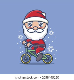 cute cartoon santa claus riding a bicycle. vector illustration for mascot logo or sticker