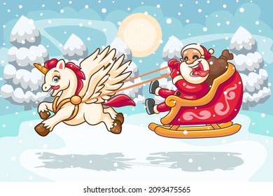 Cute cartoon santa claus riding a ride with unicorn