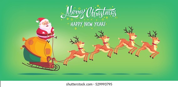 Cute cartoon Santa Claus riding reindeer sleigh Merry Christmas vector illustration Greeting card poster horizontal banner.