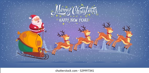 Cute cartoon Santa Claus riding reindeer sleigh Merry Christmas vector illustration Greeting card poster horizontal banner.