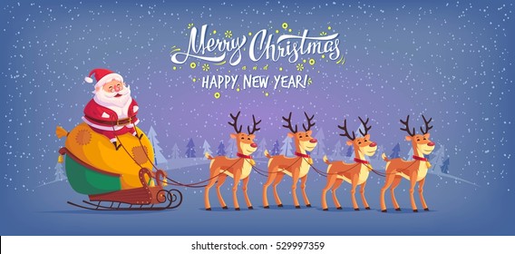 Cute cartoon Santa Claus riding reindeer sleigh Merry Christmas vector illustration Greeting card poster horizontal banner.