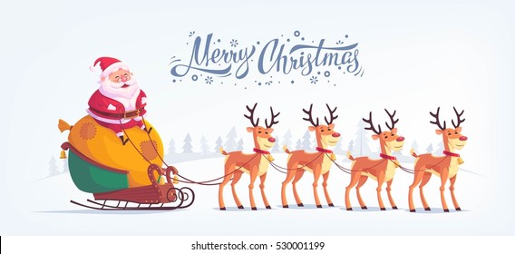 Cute cartoon Santa Claus riding reindeer sleigh Merry Christmas vector illustration Greeting card poster horizontal banner.