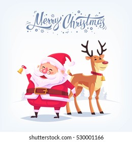 Cute cartoon Santa Claus ringing bell and funny reindeer Merry Christmas vector illustration Greeting card poster horizontal banner.