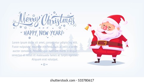 Cute cartoon Santa Claus ringing bell and smiling Merry Christmas vector illustration Greeting card poster horizontal banner