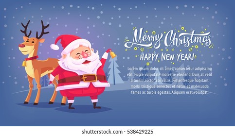 Cute cartoon Santa Claus ringing bell with reindeer Merry Christmas vector illustration horizontal banner.