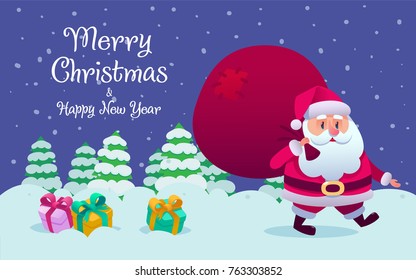 Cute cartoon Santa Claus ringing bell and funny reindeer Merry Christmas vector illustration Greeting card poster horizontal banner. Flat style. Merry Christmas and Happy New Year.