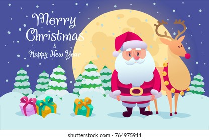 Cute cartoon Santa Claus ringing bell and funny reindeer Merry Christmas vector illustration Greeting card poster horizontal banner. Flat style. Merry Christmas and Happy New Year. Full moon