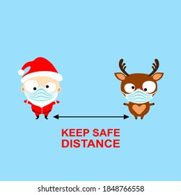 Cute Cartoon Santa Claus And Santa's Reindeer Rudolph In Medical Mask. Keep Safe Distance. Greeting Card