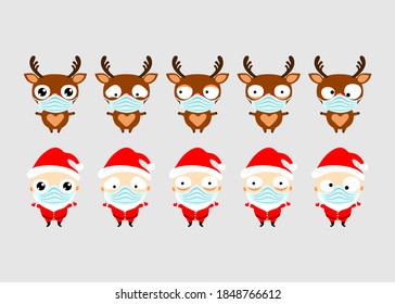 Cute cartoon Santa Claus and Santa's reindeer Rudolph. Christmas emoji face set. Icons emoticons in medical masks. vector illustration