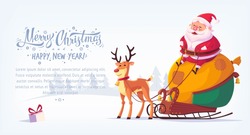 Cute Cartoon Santa Claus Sitting In Sleigh With Reindeer Merry Christmas Vector Illustration Horizontal Banner.