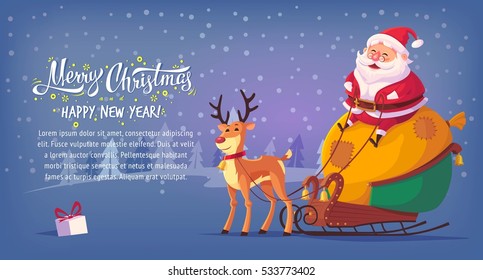 Cute cartoon Santa Claus sitting in sleigh with reindeer Merry Christmas vector illustration horizontal banner