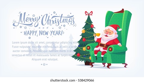 Cute cartoon Santa Claus sitting in chair drinking tea Merry Christmas vector illustration horizontal banner.