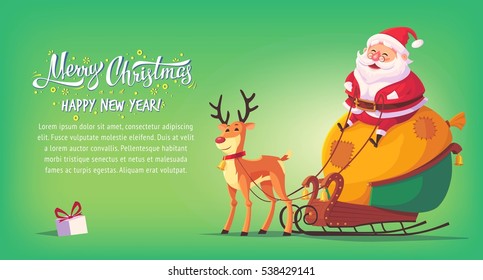 Cute cartoon Santa Claus sitting in sleigh with reindeer Merry Christmas vector illustration horizontal banner.