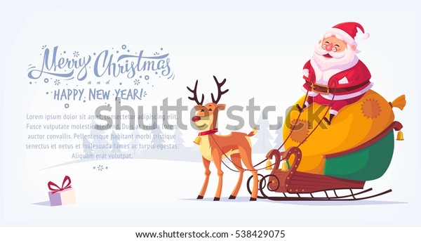 トナカイメリークリスマスベクターイラスト横断幕でそりに座っているかわいいマンガのサンタクロース のベクター画像素材 ロイヤリティフリー