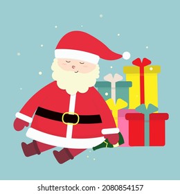 Cute cartoon Santa Claus sleeping on gifts