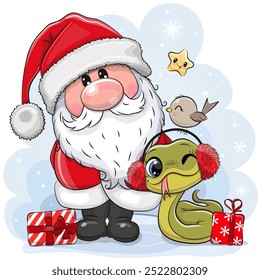 Cute Cartoon Santa Claus with snake on blue background