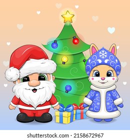 Cute cartoon Santa Claus with Snow Maiden rabbit and Christmas tree with gifts. New Year vector illustration on a colorful background with hearts.