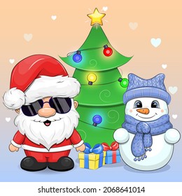 Cute cartoon Santa Claus, snowman and Christmas tree with gifts. Holiday vector illustration.