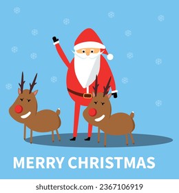 Cute cartoon Santa Claus standing  between his reindeers Merry Christmas vector illustration.
