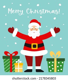 Cute cartoon Santa Claus stands with gift boxes and Merry Christmas text under the falling snow. Christmas card. Winter theme vector illustration.