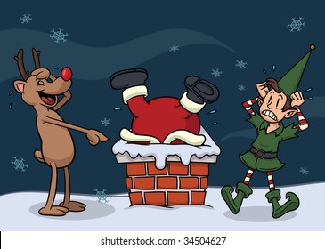 Cute cartoon Santa Claus stuck in chimney. All elements can be used separately.They are placed in different layers.