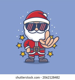 cute cartoon santa claus stylized as rock star with hand symbol. vector illustration for mascot logo or sticker