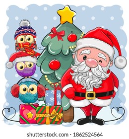 Cute Cartoon Santa Claus and three Cute Cartoon Owls