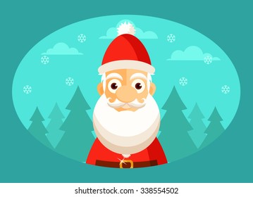 Cute Cartoon Santa Claus. Trees and Snowflakes on Background. Vector Illustration