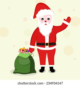 Cute cartoon of a Santa Claus waving hand and holding gift sack for Merry Christmas and other occasion celebrations.