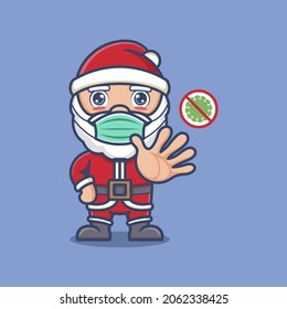 cute cartoon santa claus wearing a mask,signing a fight against the virus. vector illustration for mascot logo or sticker