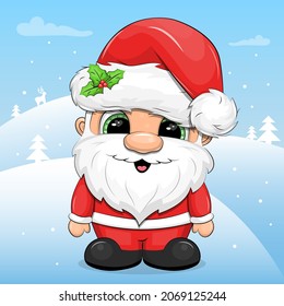 Cute cartoon Santa Claus. Winter vector illustration with blue landscape.