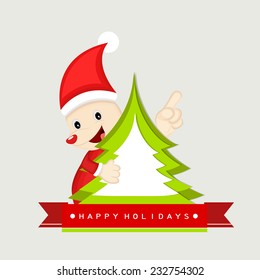 Cute cartoon of a Santa Claus with X-mas tree for Happy Holidays and Merry Christmas celebrations, can be used as poster, banner or flyer.