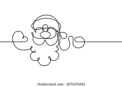 Cute cartoon Santa in continuous line art drawing style. Santa Claus peeking above sign, waving and giving thumb up. Black linear design isolated on white background. Vector illustration