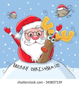 Cute Cartoon Santa and Deer in the snow