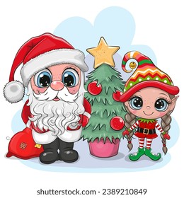 Cute Cartoon Santa and elf girl in a pink hat near Christmas tree